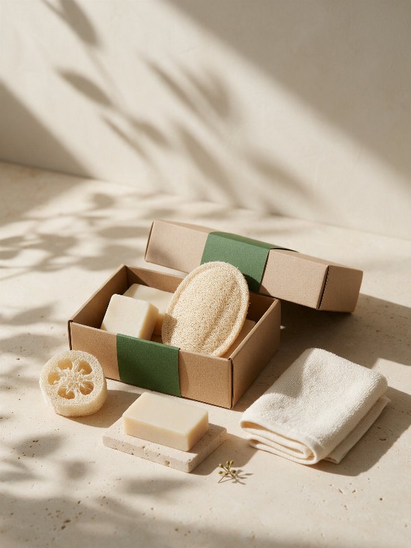 Loofahs, soap bars and a folded towel arranged together