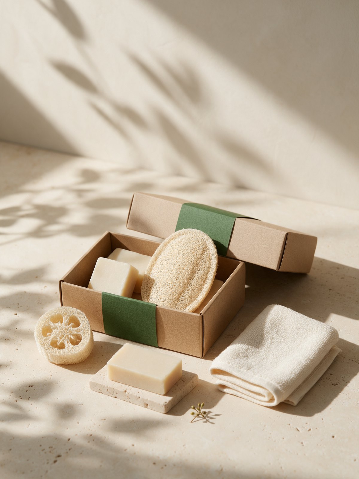 Natural loofah and handmade soap arranged with paper gift packaging and a cotton towel