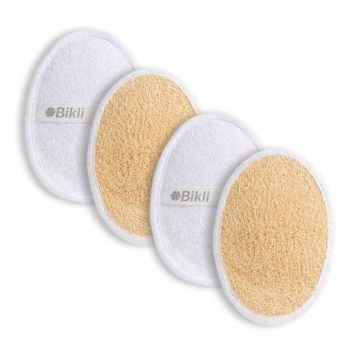 Bikli Natural Loofah Bathing Pads with Hand Strap, Pack of 4