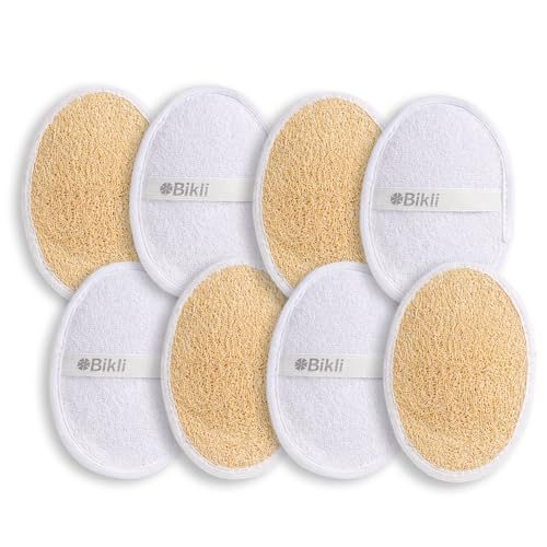 Bikli Natural Loofah Bathing Pads with Hand Strap, Pack of 8